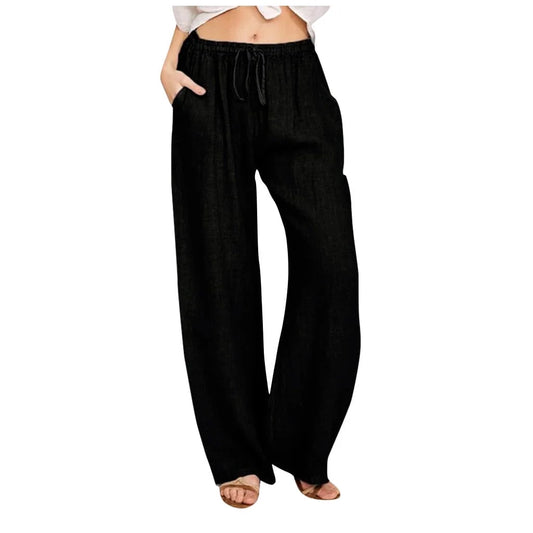 Cotton and Linen Solid Color Wide Leg Drawstring Elastic Waist Casual Pants