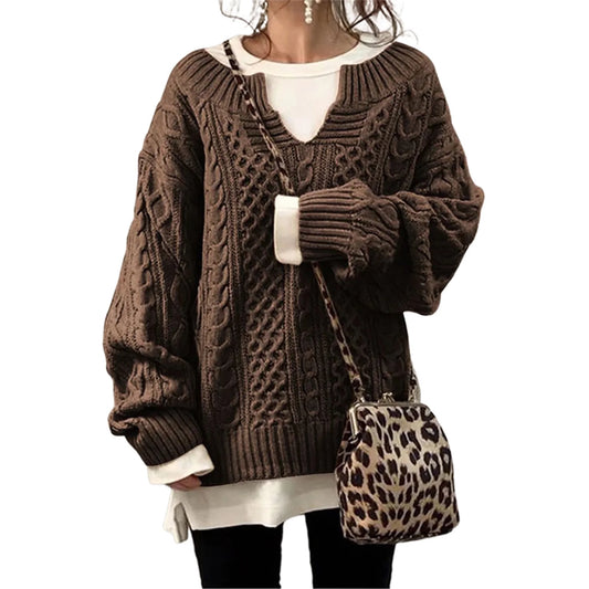 Women's V Neck Sweater Long Sleeve Cable Knit Pullover Sweater